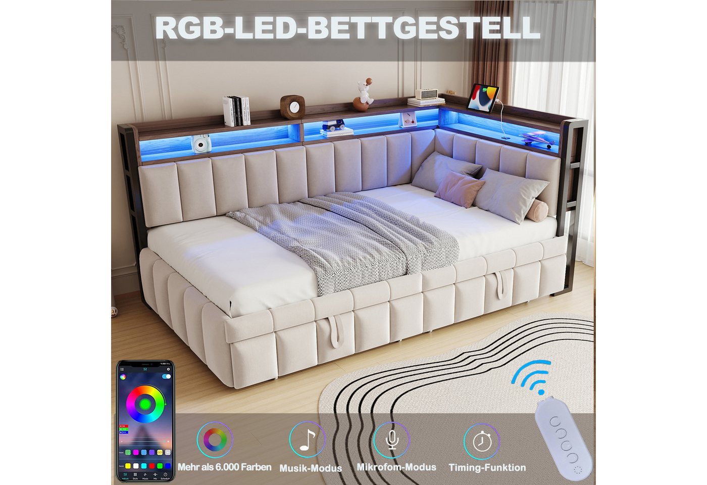 Flieks Daybett, LED Polsterbett Schlafsofa 90x200cm mit Aufladen, Ausziehbett 90x190cm – Bild 5 von 5