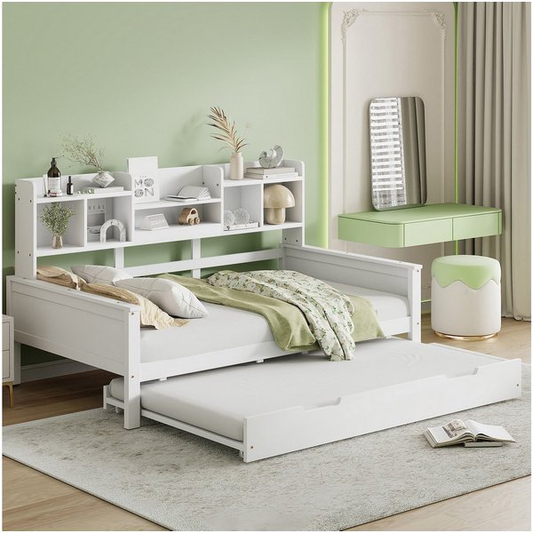 Flieks Daybett, Kinderbett Schlafsofa 90x200cm mit Ausziehbett 90x190cm, Staurfächer