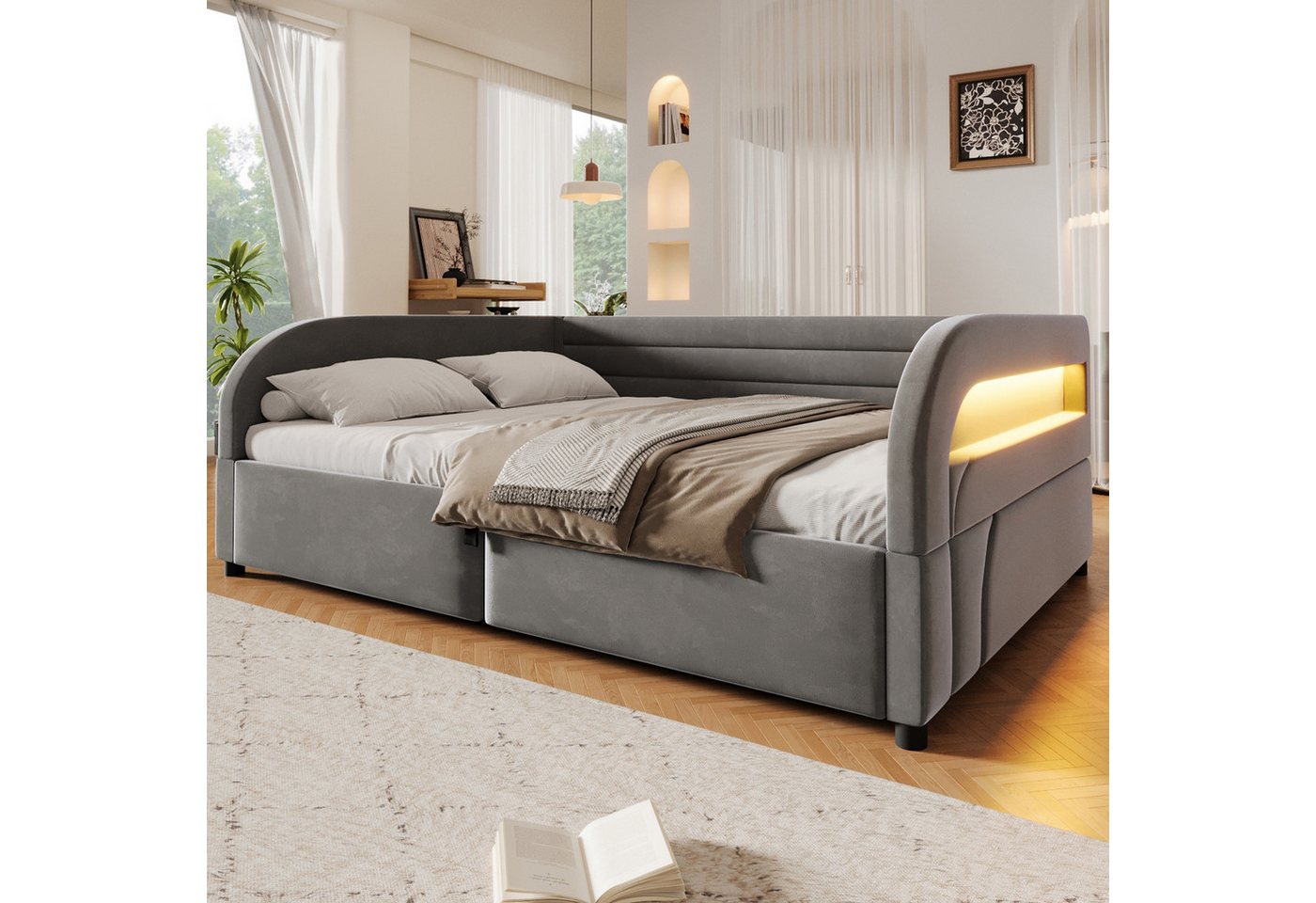 Flieks Daybett, Hydraulisches Stauraumbett Polsterbett 140x200cm mit LED-Beleuchtung – Bild 4 von 5