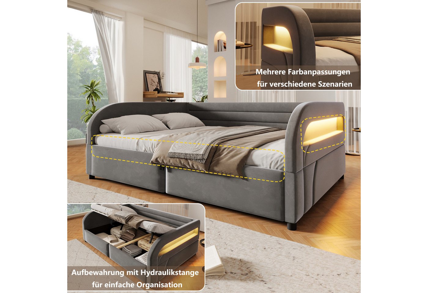 Flieks Daybett, Hydraulisches Stauraumbett Polsterbett 140x200cm mit LED-Beleuchtung – Bild 5 von 5