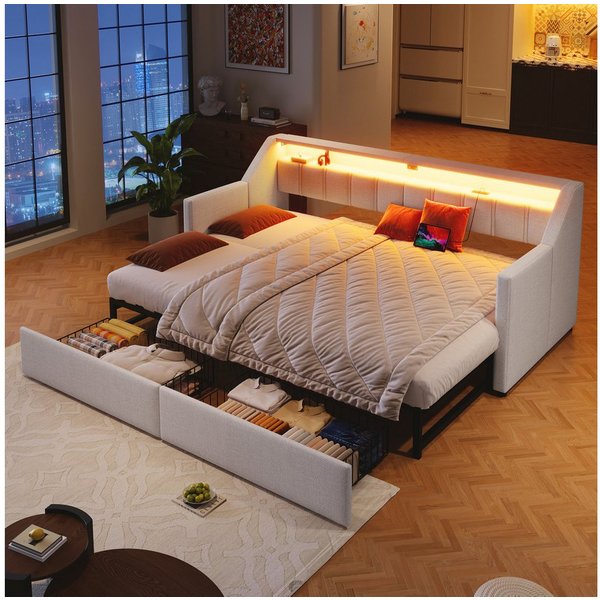 Flieks Daybett, Polsterbett 90/180x200cm mit USB-Aufladen, LED-Leiste und 2 Schubladen