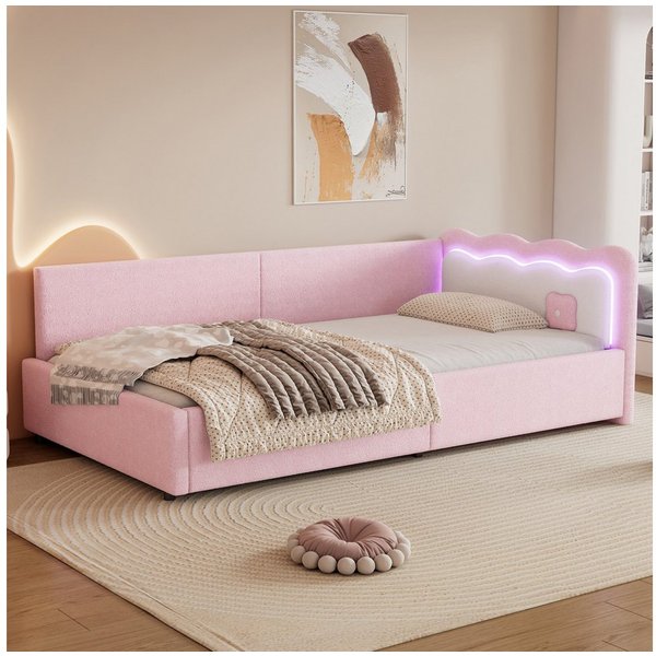 Flieks Daybett, Polsterbett Einzelbett Schlafsofa 90x200cm LED-Licht mit Fernbedienung
