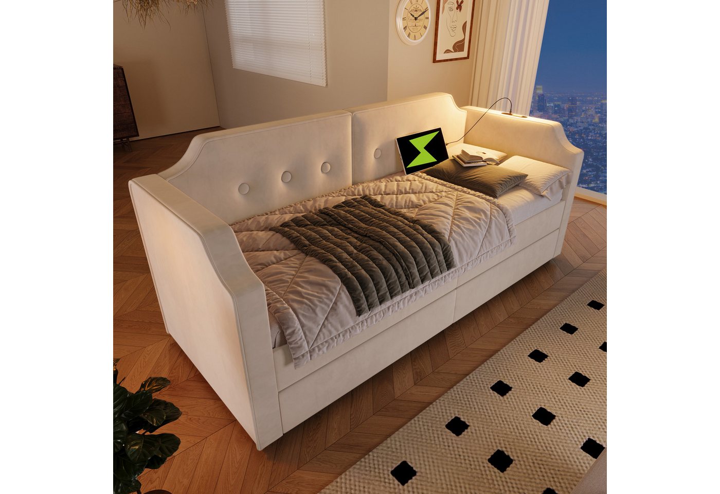 Flieks Daybett, Polsterbett Schlafsofa 90x200cm 2 Schubladen/ Leselicht/ Ladefunktion – Bild 3 von 5