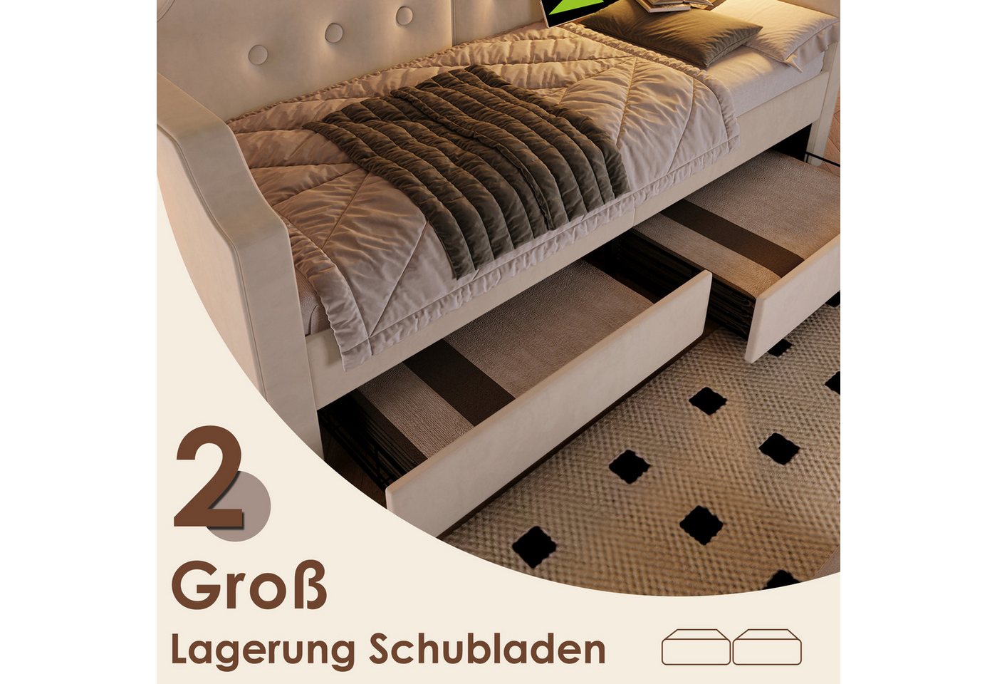 Flieks Daybett, Polsterbett Schlafsofa 90x200cm 2 Schubladen/ Leselicht/ Ladefunktion – Bild 4 von 5