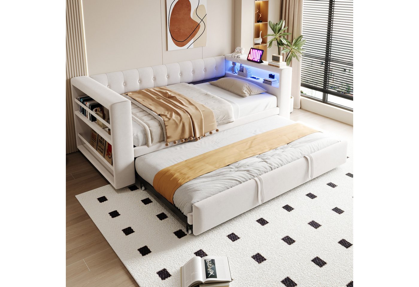 Flieks Daybett, Polsterbett Schlafsofa 90/180×190cm mit LED, Steckdose und Ausziehbett – Bild 2 von 5