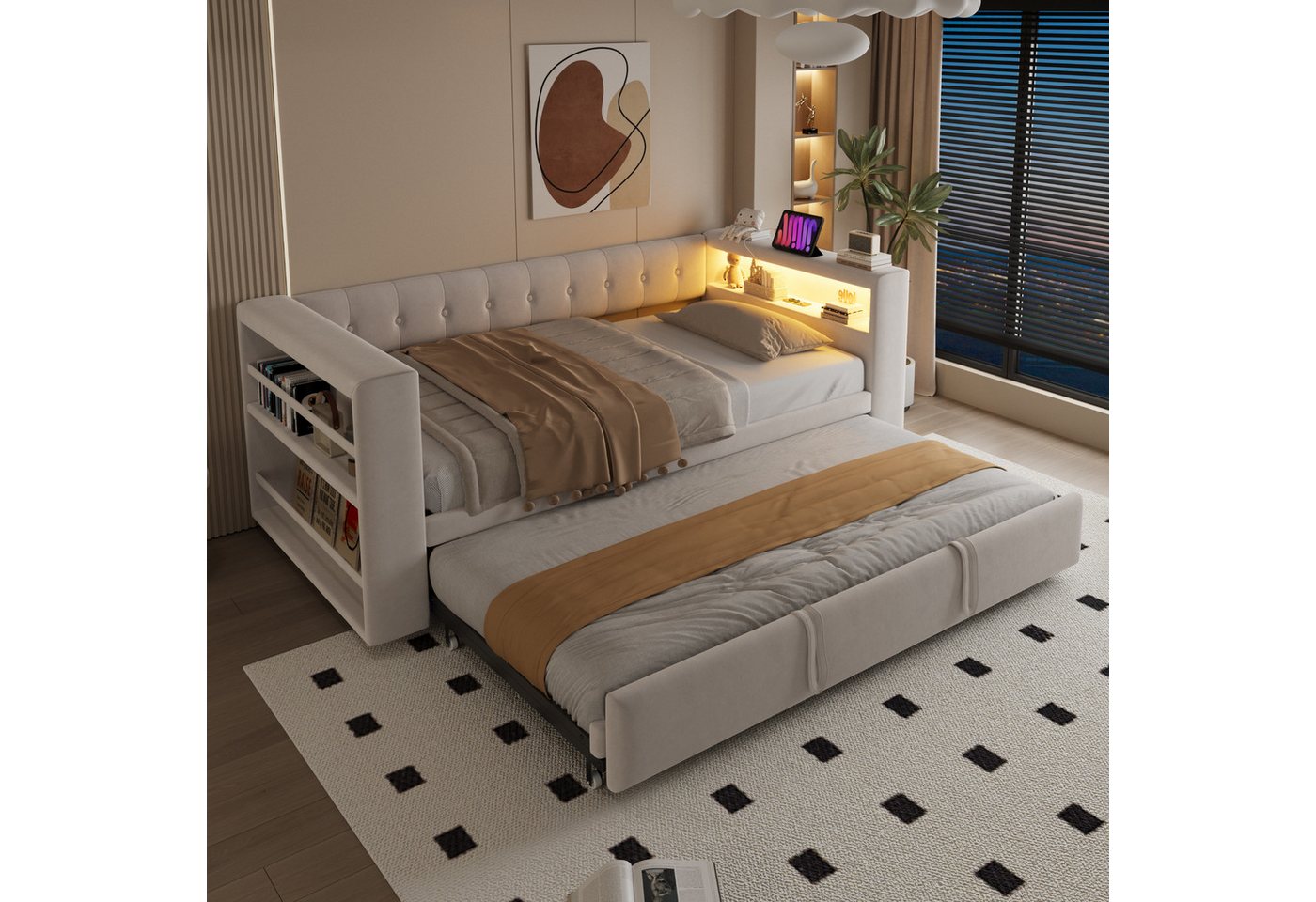 Flieks Daybett, Polsterbett Schlafsofa 90/180×190cm mit LED, Steckdose und Ausziehbett – Bild 3 von 5