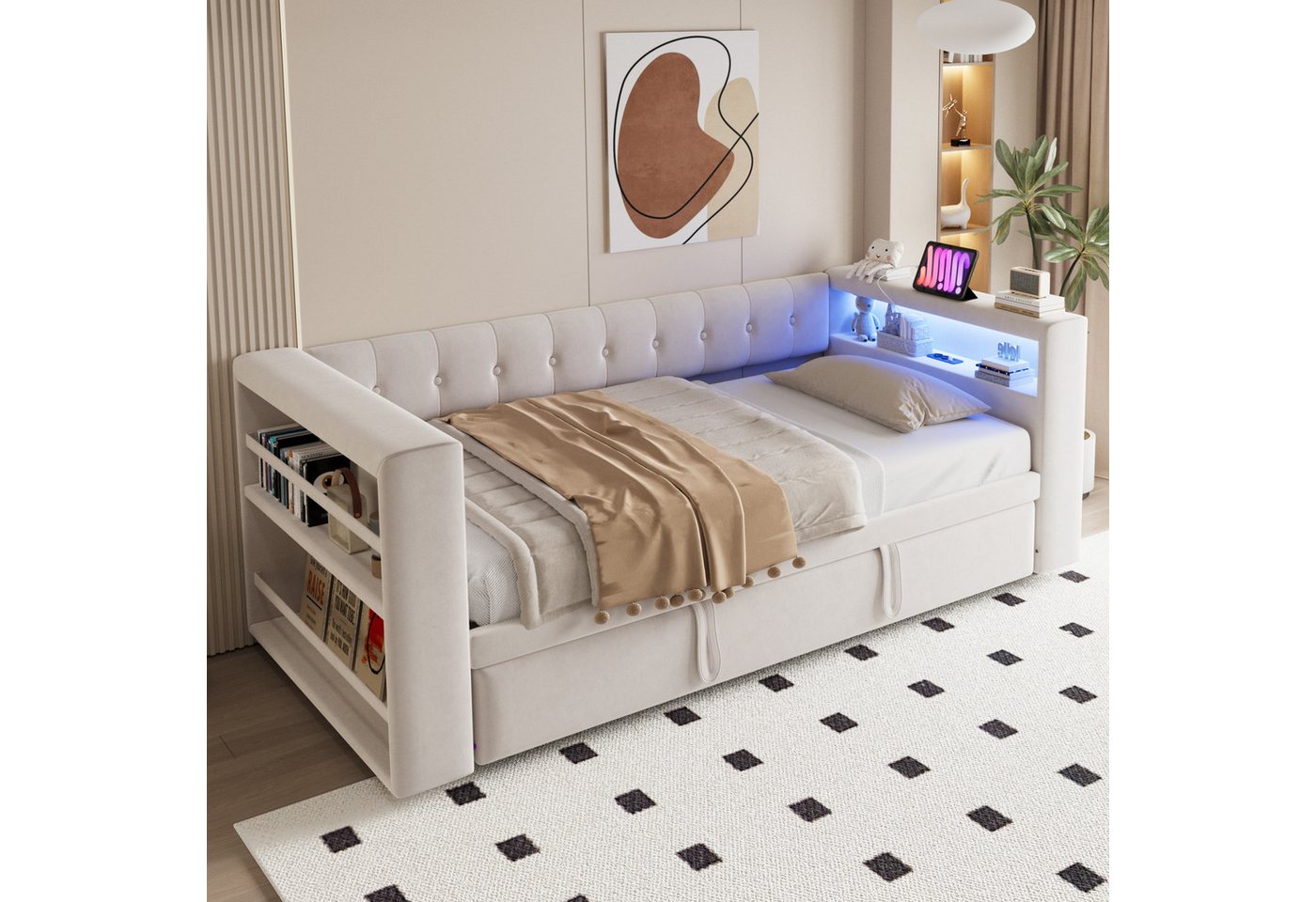 Flieks Daybett, Polsterbett Schlafsofa 90/180×190cm mit LED, Steckdose und Ausziehbett – Bild 4 von 5