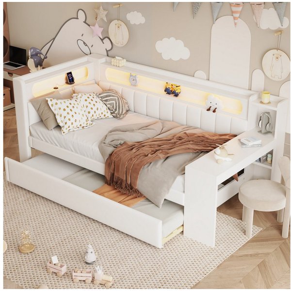 Flieks Daybett, Polsterbett 90x200cm mit Ausziehbett 90x190cm, USB, LED, Schreibtisch