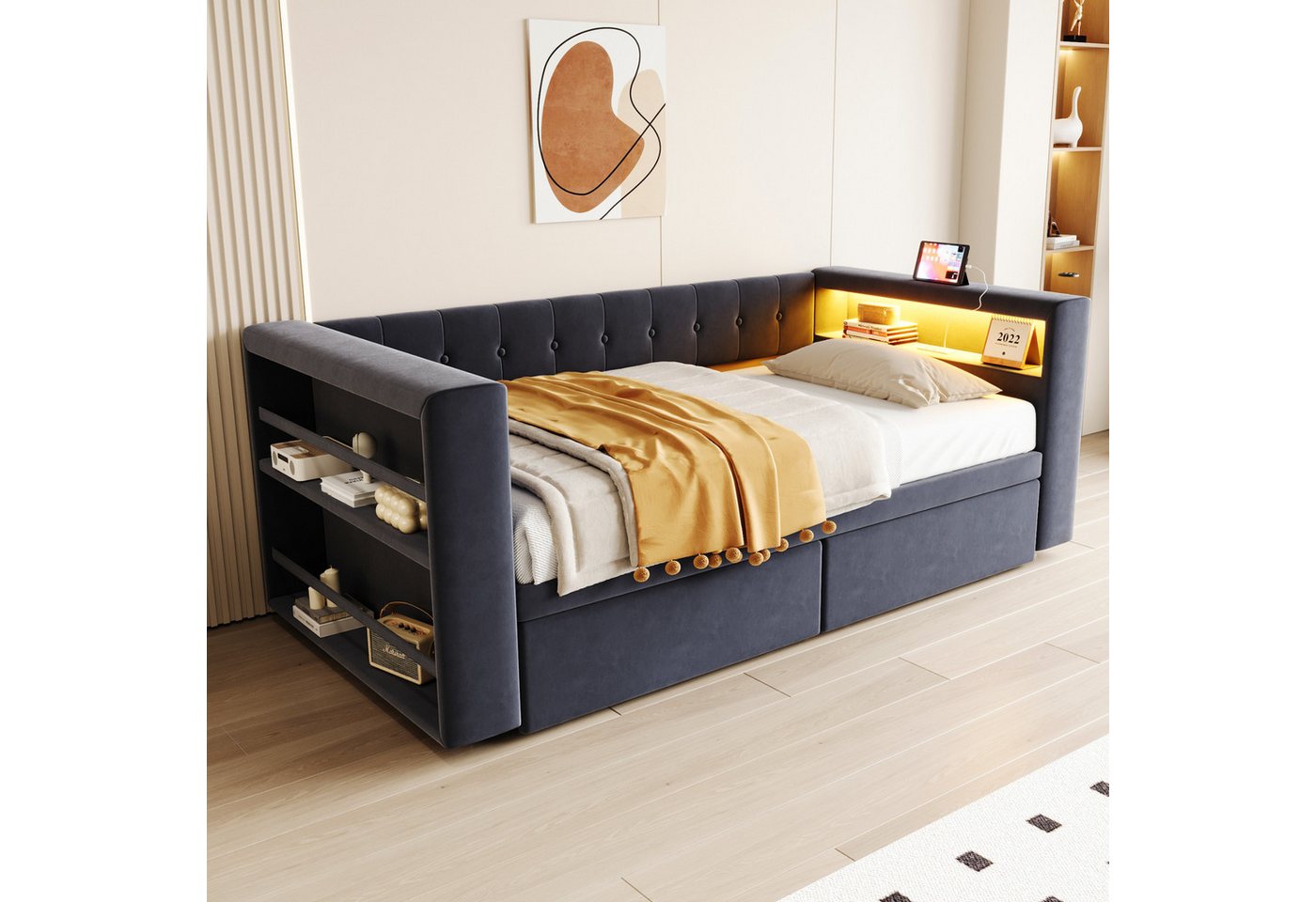 Flieks Daybett, Polsterbett Schlafsofa 90×190cm mit LED, Steckdose und 2 Schubladen – Bild 2 von 5