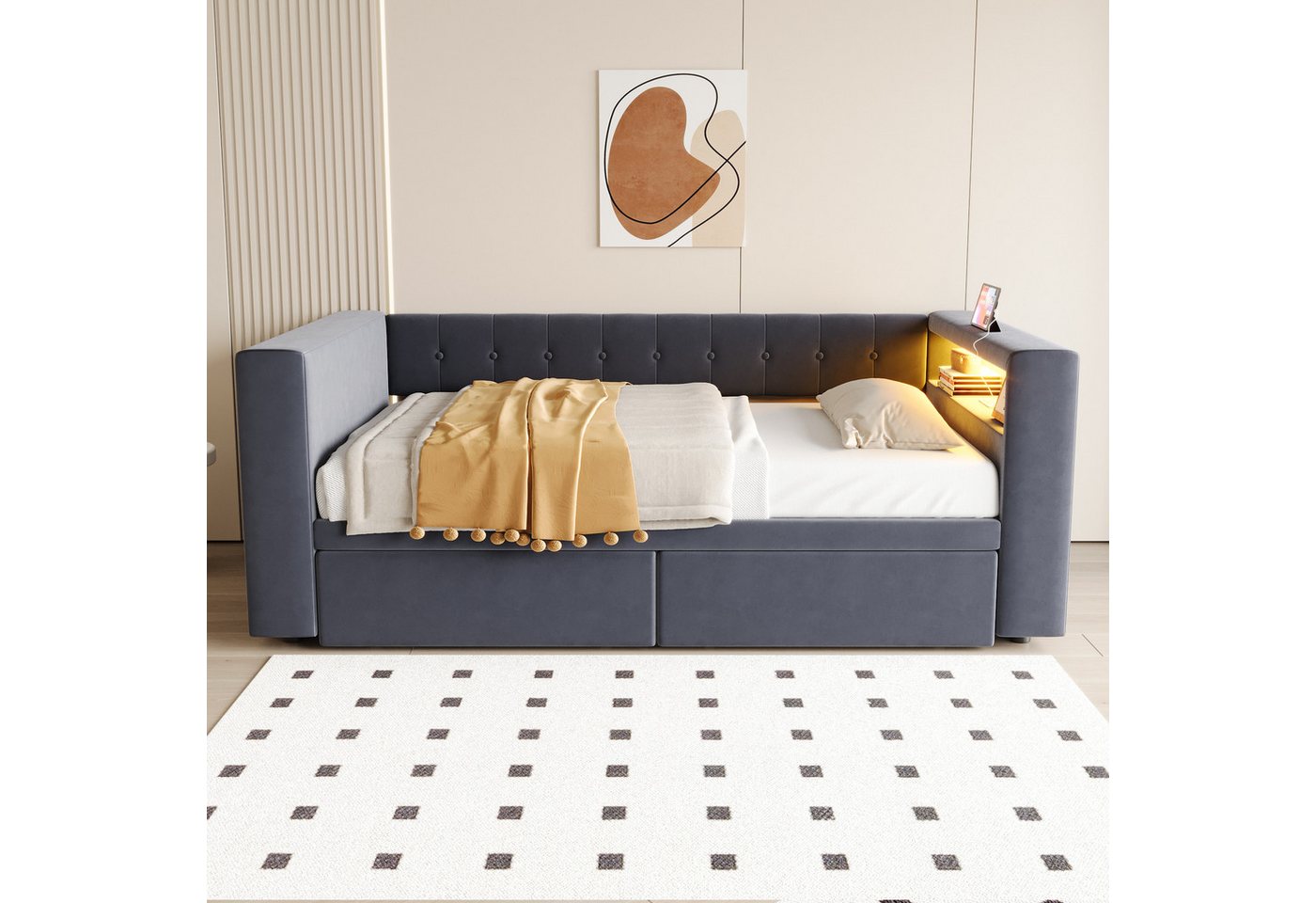 Flieks Daybett, Polsterbett Schlafsofa 90×190cm mit LED, Steckdose und 2 Schubladen – Bild 3 von 5