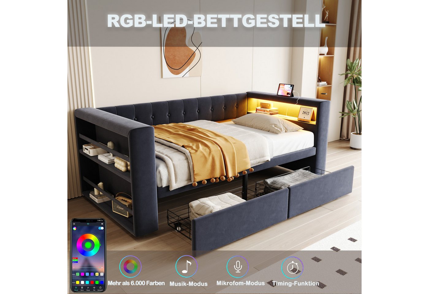Flieks Daybett, Polsterbett Schlafsofa 90×190cm mit LED, Steckdose und 2 Schubladen – Bild 4 von 5