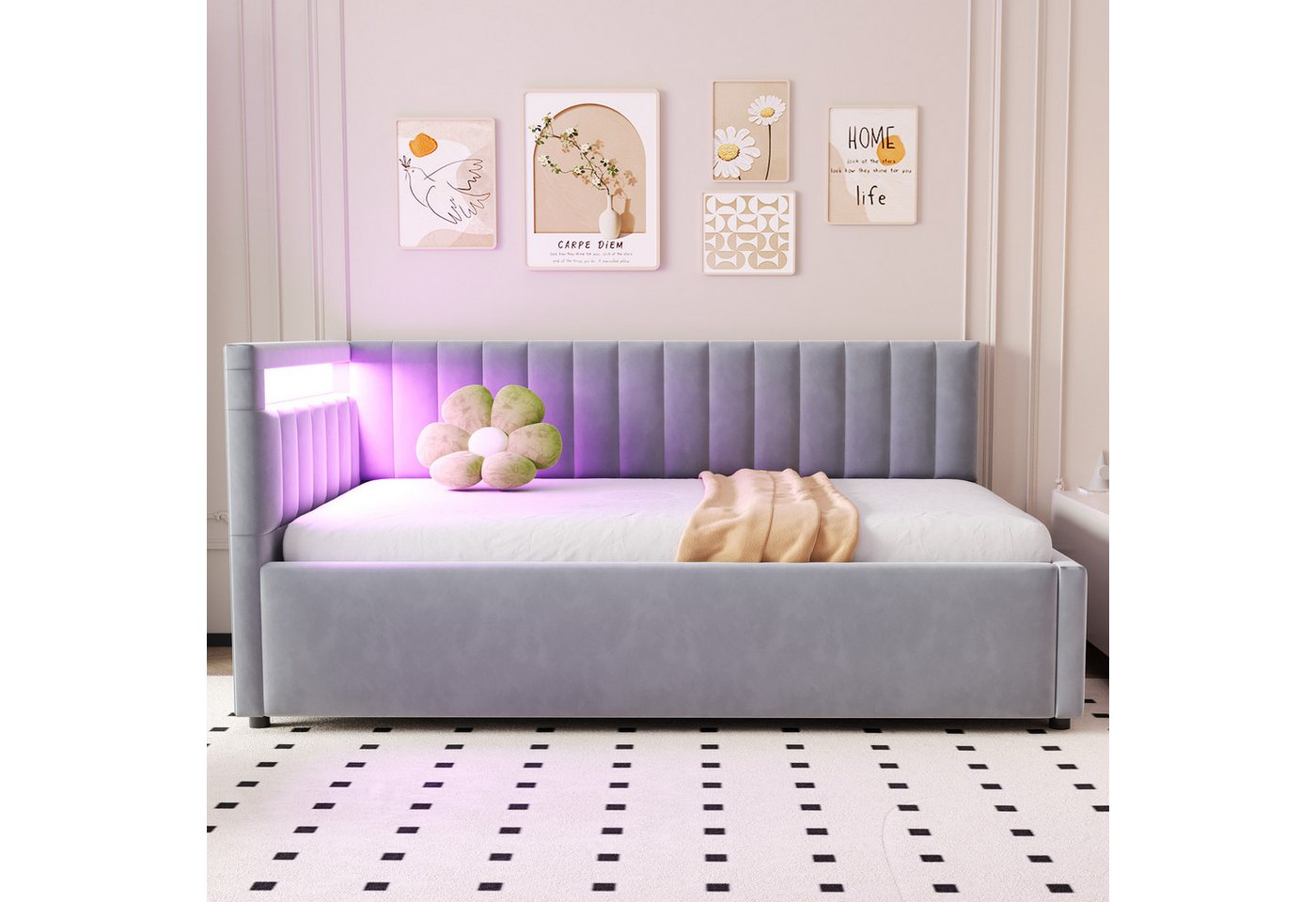 Flieks Daybett, Polsterbett Schlafsofa Einzelbett 90x200cm mit hydraulischem Stauraum – Bild 3 von 5