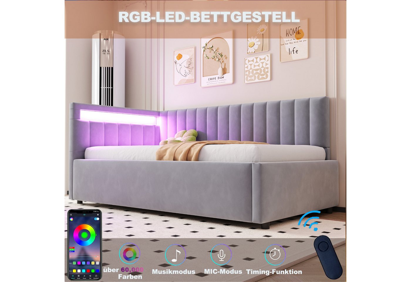 Flieks Daybett, Polsterbett Schlafsofa Einzelbett 90x200cm mit hydraulischem Stauraum – Bild 4 von 5