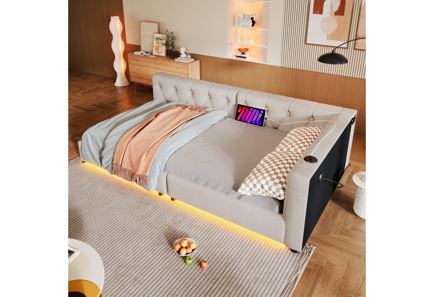 Flieks Daybett, Daybett Schlafsofa Einzelbett Tagesbett 90x200cm mit USB-Aufladen – Bild 3 von 5