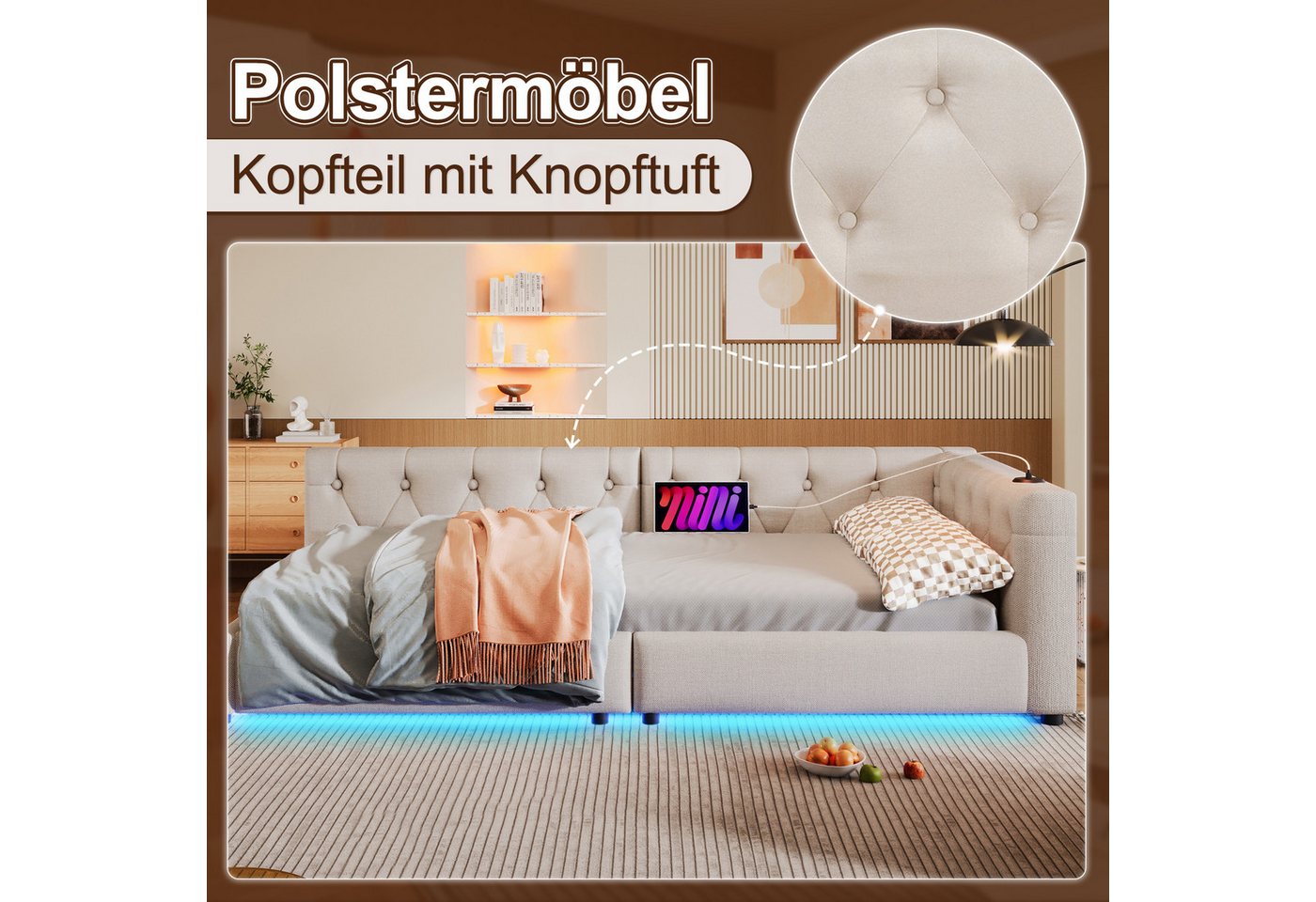 Flieks Daybett, Daybett Schlafsofa Einzelbett Tagesbett 90x200cm mit USB-Aufladen – Bild 4 von 5