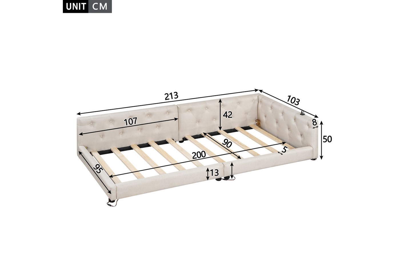 Flieks Daybett, Daybett Schlafsofa Einzelbett Tagesbett 90x200cm mit USB-Aufladen – Bild 5 von 5