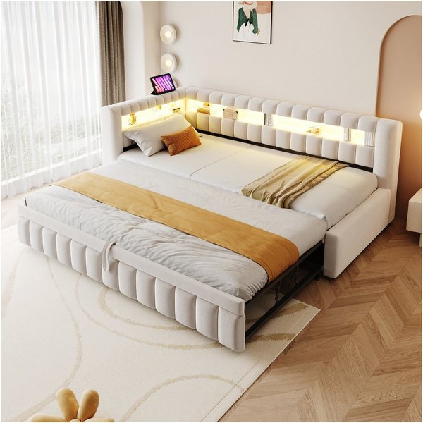 Flieks Daybett, Polsterbett Schlafsofa 90x200cm mit Ausziehbett 90x190cm, LED&Aufladen
