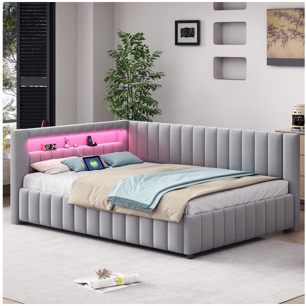 Flieks Daybett, Polsterbett Schlafsofa 140x200cm mit LED Beleuchtung USB-Ladeanschluss