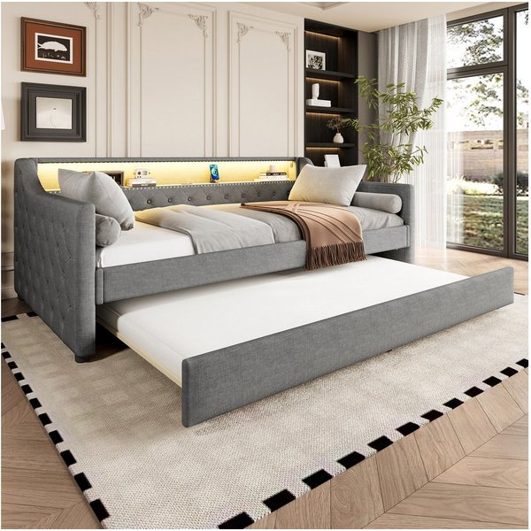 Flieks Daybett, LED Polsterbett Tagesbett 90x200cm mit Ausziehbett, USB-Ladebuchse