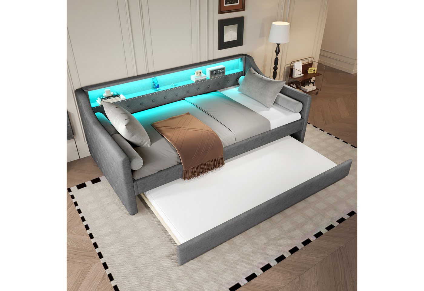 Flieks Daybett, LED Polsterbett Tagesbett 90x200cm mit Ausziehbett, USB-Ladebuchse – Bild 2 von 5