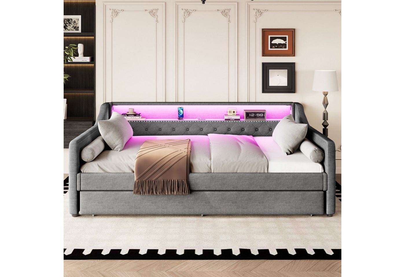 Flieks Daybett, LED Polsterbett Tagesbett 90x200cm mit Ausziehbett, USB-Ladebuchse – Bild 3 von 5