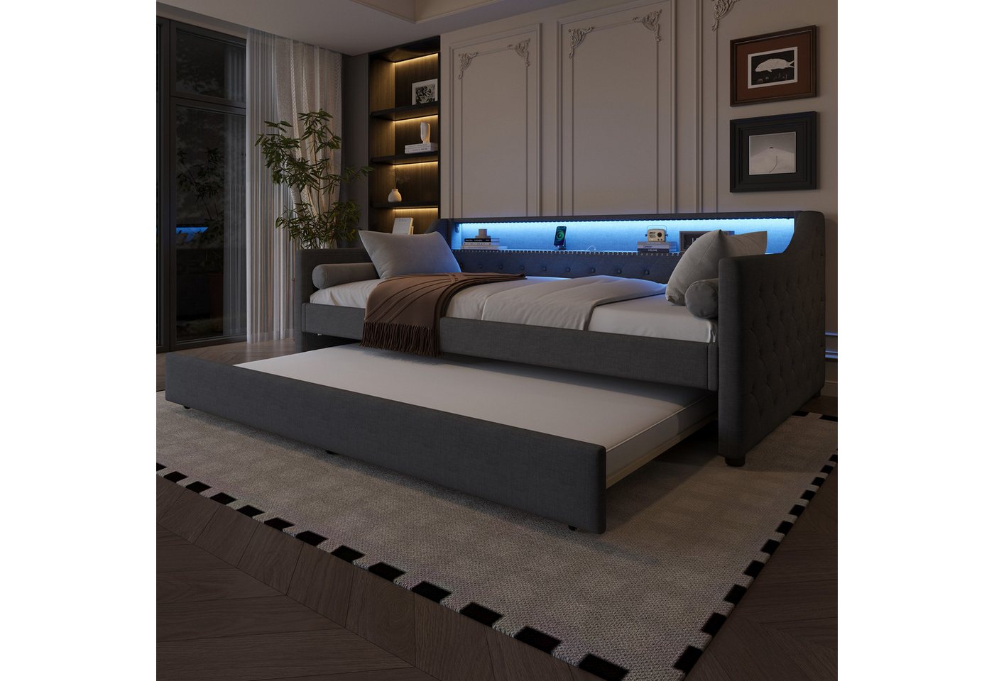 Flieks Daybett, LED Polsterbett Tagesbett 90x200cm mit Ausziehbett, USB-Ladebuchse – Bild 4 von 5