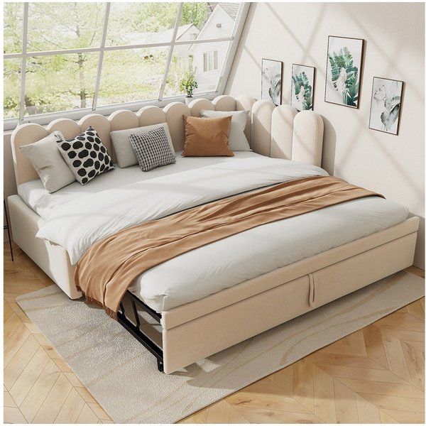 Flieks Daybett, L-Form Polsterbett Schlafsofa Tagesbett 90/180x200cm mit Ausziehbett