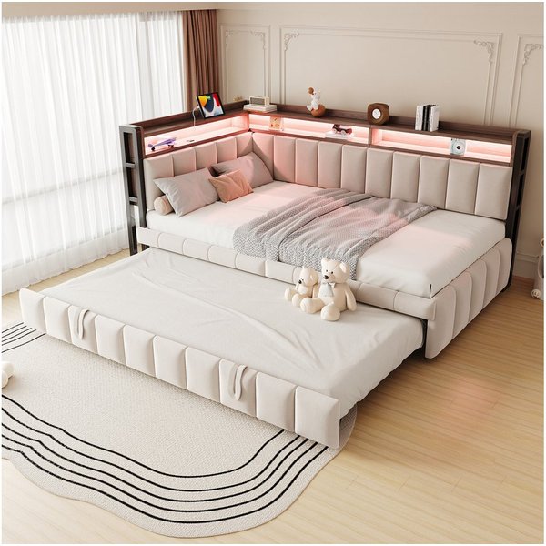 Flieks Daybett, LED Polsterbett Schlafsofa 90x200cm mit Aufladen, Ausziehbett 90x190cm