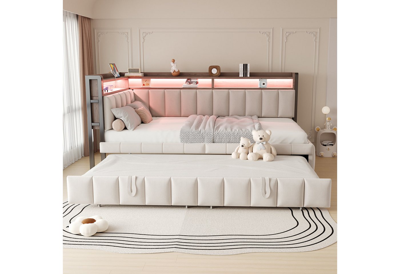 Flieks Daybett, LED Polsterbett Schlafsofa 90x200cm mit Aufladen, Ausziehbett 90x190cm – Bild 2 von 5