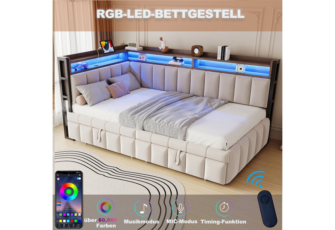 Flieks Daybett, LED Polsterbett Schlafsofa 90x200cm mit Aufladen, Ausziehbett 90x190cm – Bild 3 von 5