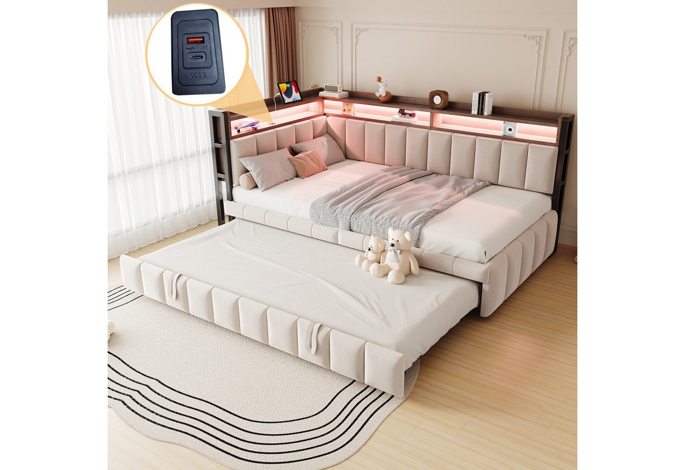 Flieks Daybett, LED Polsterbett Schlafsofa 90x200cm mit Aufladen, Ausziehbett 90x190cm – Bild 4 von 5