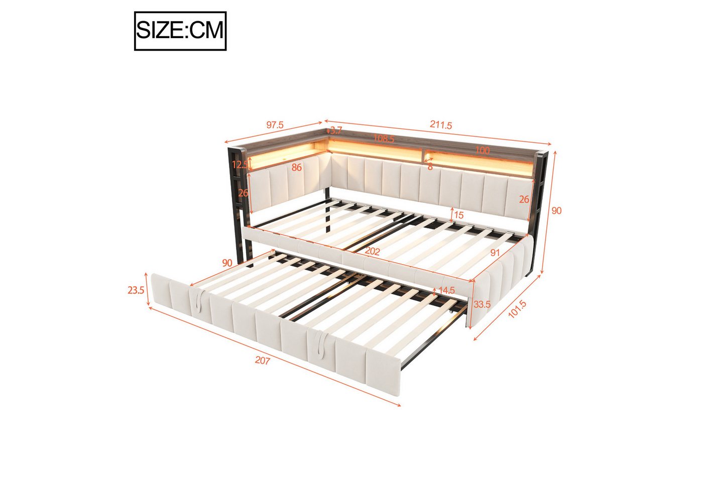 Flieks Daybett, LED Polsterbett Schlafsofa 90x200cm mit Aufladen, Ausziehbett 90x190cm – Bild 5 von 5