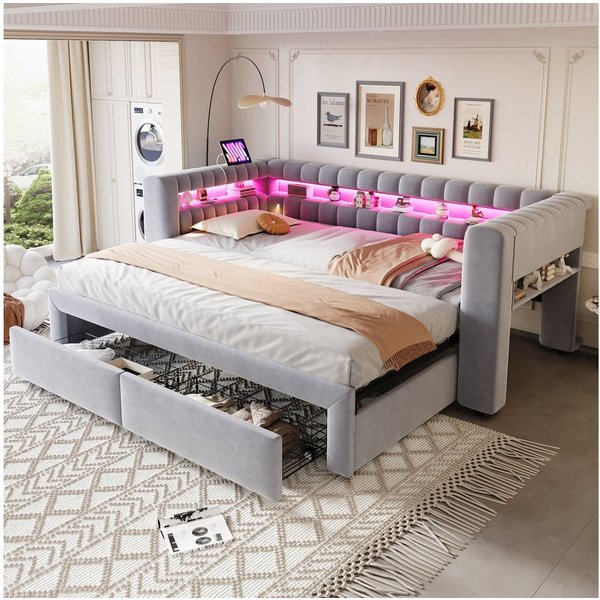 Flieks Daybett, Polsterbett 90/180×190cm mit Ausziehbett, Schubladen, LED & Aufladen