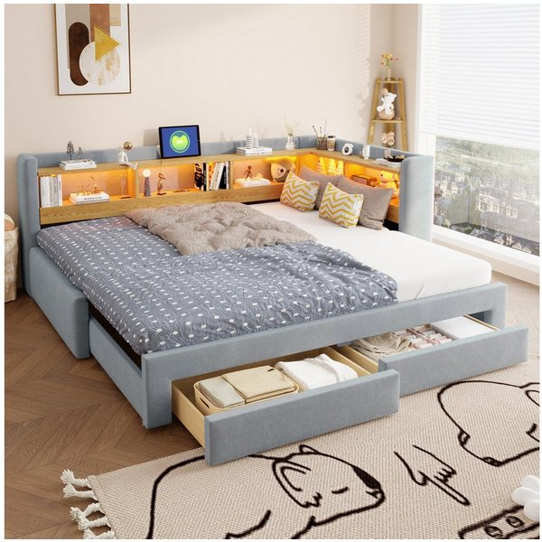 Flieks Daybett, Polsterbett 90/180x200cm mit Ausziehbett, Schubladen, LED & Aufladen