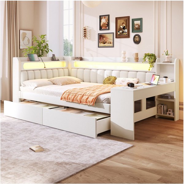 Flieks Daybett, Polsterbett 140x200cm mit 2 Schubladen, USB, LED und Schreibtisch