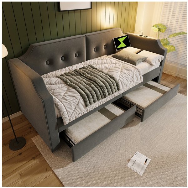 Flieks Daybett, Polsterbett Schlafsofa 90x200cm 2 Schubladen/ Leselicht/ Ladefunktion