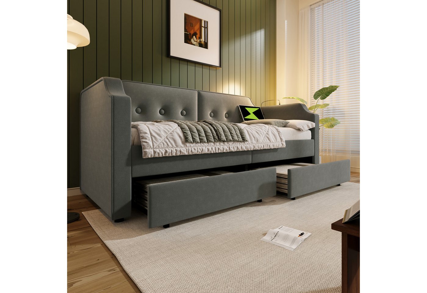 Flieks Daybett, Polsterbett Schlafsofa 90x200cm 2 Schubladen/ Leselicht/ Ladefunktion – Bild 2 von 5