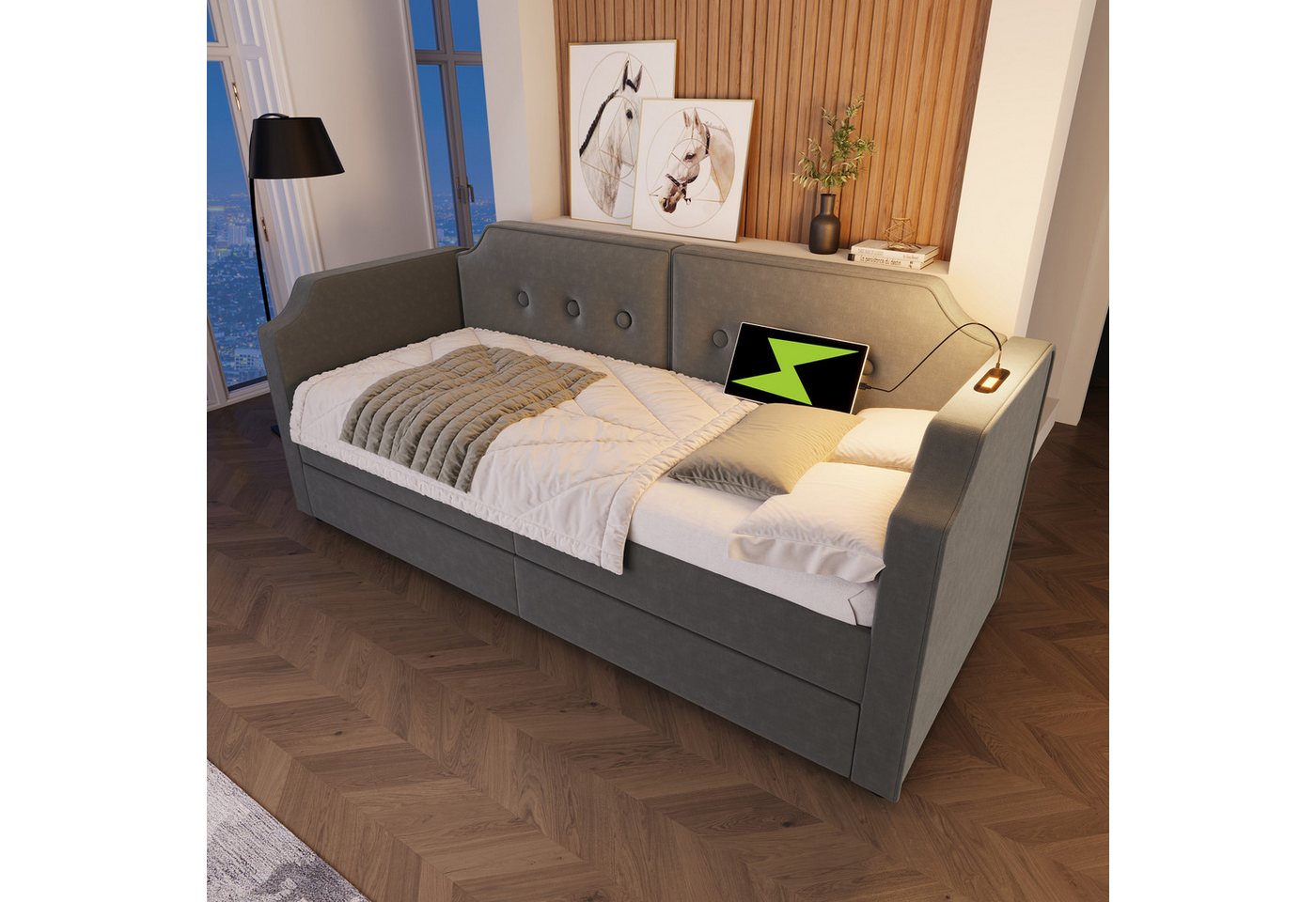 Flieks Daybett, Polsterbett Schlafsofa 90x200cm 2 Schubladen/ Leselicht/ Ladefunktion – Bild 3 von 5