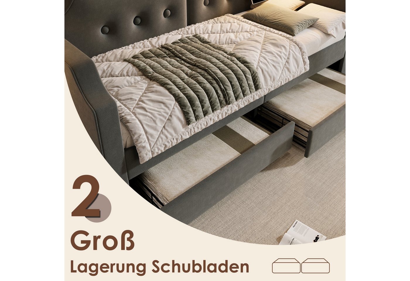 Flieks Daybett, Polsterbett Schlafsofa 90x200cm 2 Schubladen/ Leselicht/ Ladefunktion – Bild 4 von 5