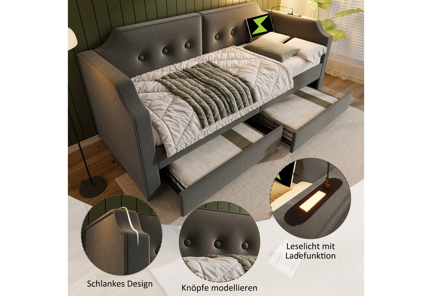 Flieks Daybett, Polsterbett Schlafsofa 90x200cm 2 Schubladen/ Leselicht/ Ladefunktion – Bild 5 von 5