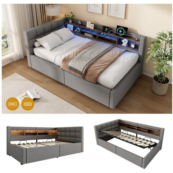 Flieks Daybett, Polsterbett Schlafsofa 90x200cm mit Hydraulik, LED-Leiste, Aufladen