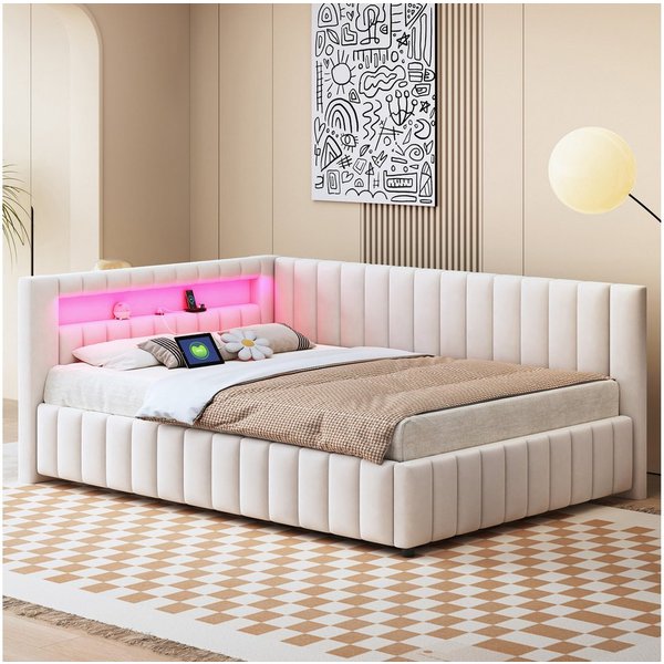 Flieks Daybett, Polsterbett Schlafsofa 140x200cm mit LED Beleuchtung USB-Ladeanschluss