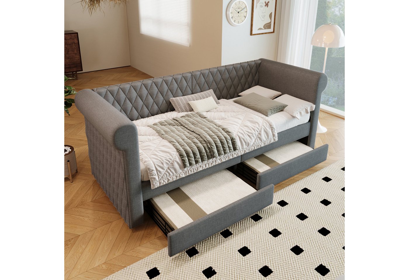 Flieks Daybett, Polsterbett Schlafsofa Tagesbett Kinderbett 90x200cm mit 2 Schubladen – Bild 2 von 5