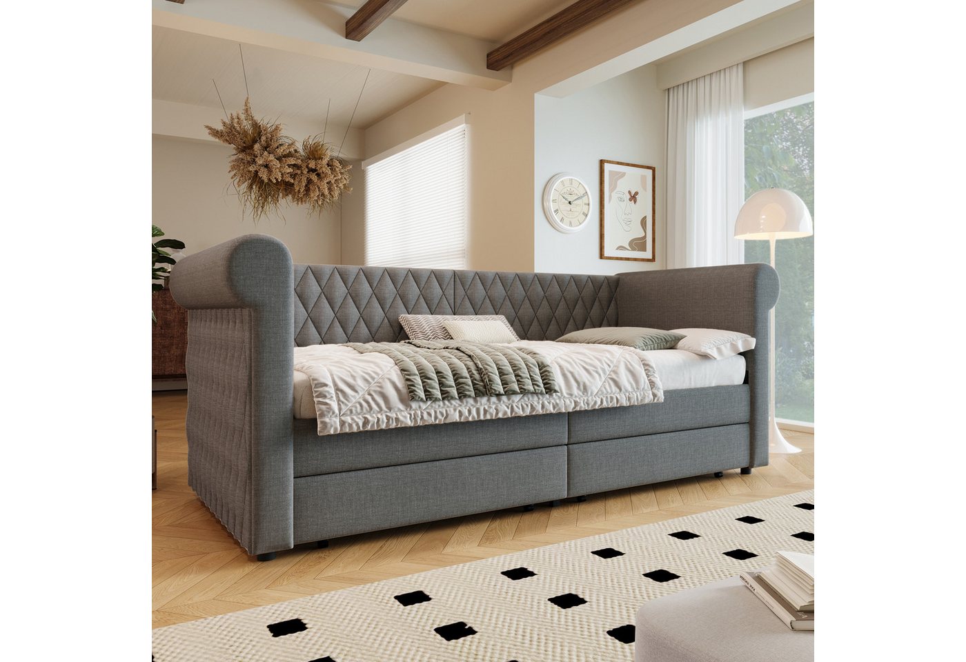 Flieks Daybett, Polsterbett Schlafsofa Tagesbett Kinderbett 90x200cm mit 2 Schubladen – Bild 3 von 5