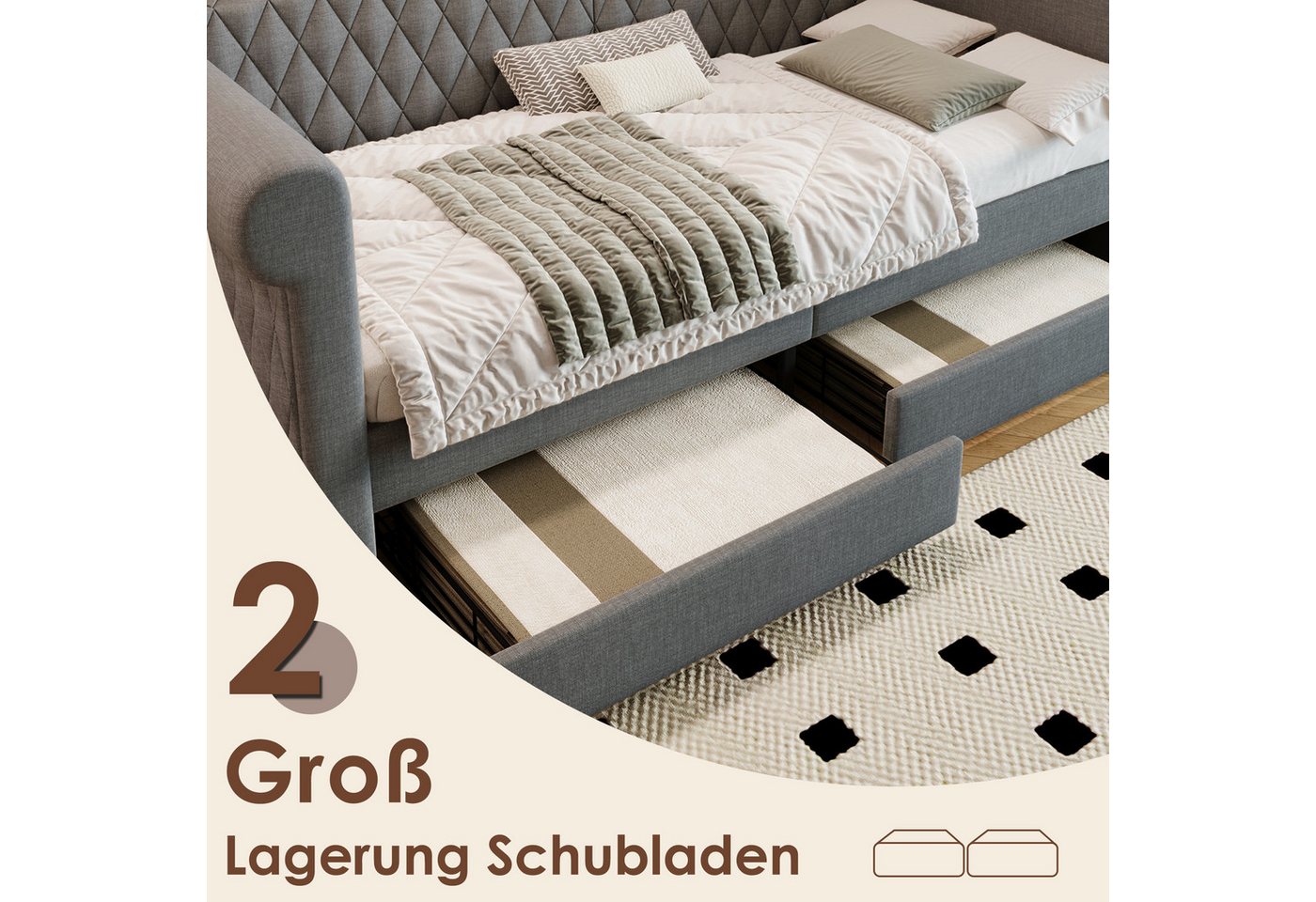 Flieks Daybett, Polsterbett Schlafsofa Tagesbett Kinderbett 90x200cm mit 2 Schubladen – Bild 4 von 5