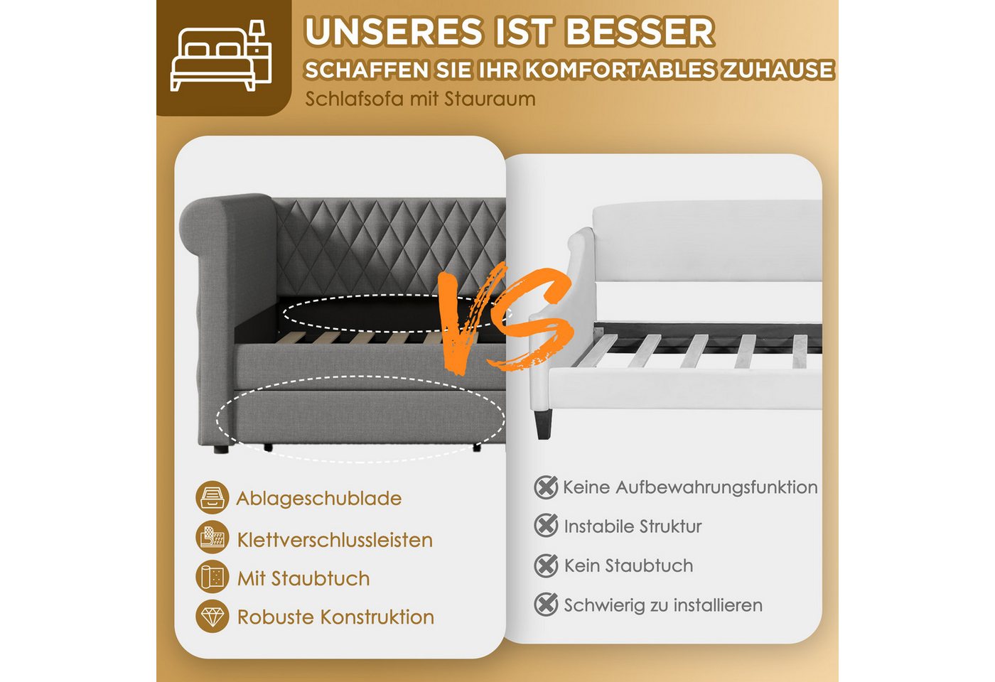 Flieks Daybett, Polsterbett Schlafsofa Tagesbett Kinderbett 90x200cm mit 2 Schubladen – Bild 5 von 5
