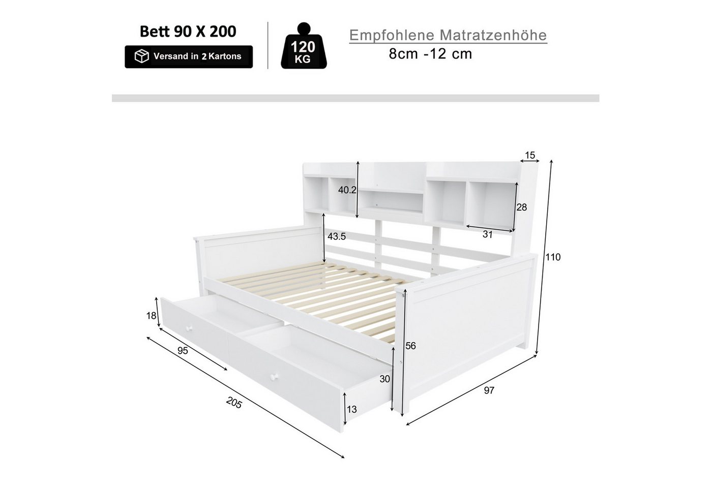 Flieks Daybett, Holzbett Kinderbett Einzelbett 90x200cm mit 2 Schubladen – Bild 4 von 5