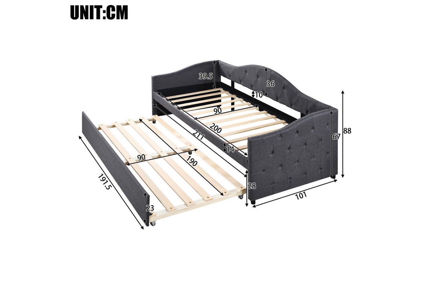 Flieks Daybett, Tagesbett Schlafsofa Kinderbett 90x200cm mit Ausziehbett 90x190cm – Bild 4 von 5