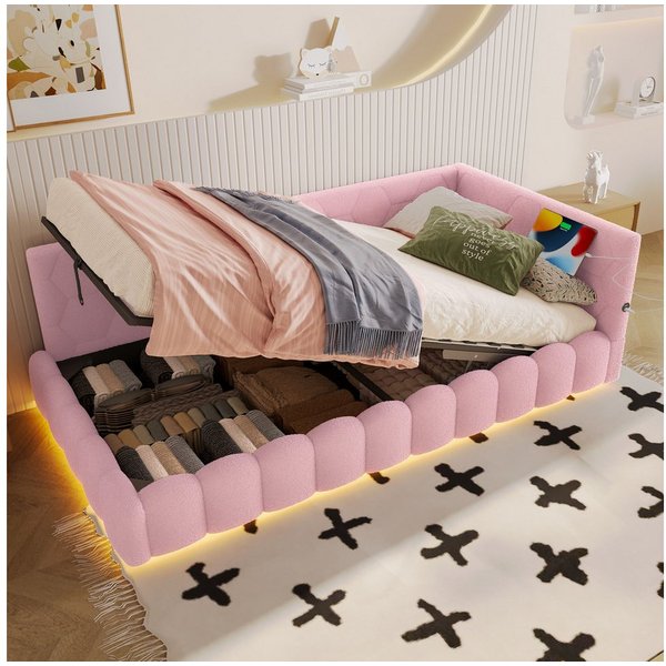 Flieks Daybett, Hydraulisches Polsterbett Tagesbett Schlafsofa 90x200cm mit USB, Typ-C