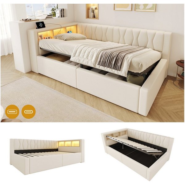Flieks Daybett, Polsterbett Schlafsofa 90x200cm mit Hydraulik, LED-Leiste, Aufladen